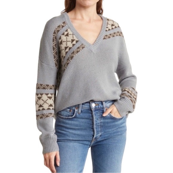 Skull Cashmere Lilian Fair Isle Wool Alpaca Blend Sweater (Sz L) V-Neck Gray - Picture 1 of 10